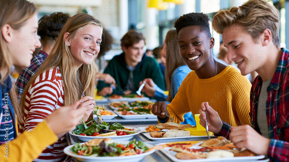 Obraz premium Diverse students eating in school cafeteria. Happy teenagers having lunch at high school.