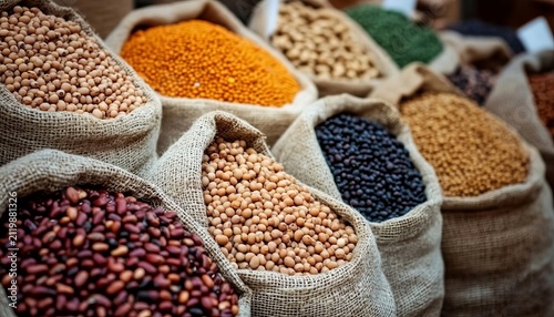 A rustic market stall displaying traditional sacks filled with assorted legumes and dry goods.
