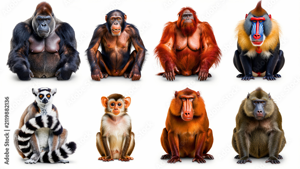 Fototapeta premium Set of eight diverse primate species sitting on white background. Portraits of gorilla, chimpanzee, orangutan, and baboon. Animal biodiversity concept for educational and scientific use.