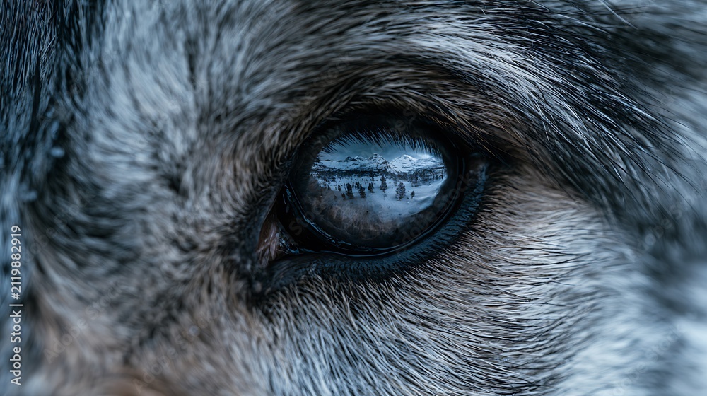 Obraz premium Close up of a wolf eye reflecting the winter landscape.