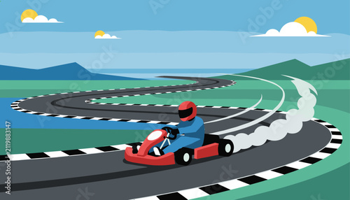 Go-kart driver in helmet speeding along a curvy asphalt racetrack near the coast
