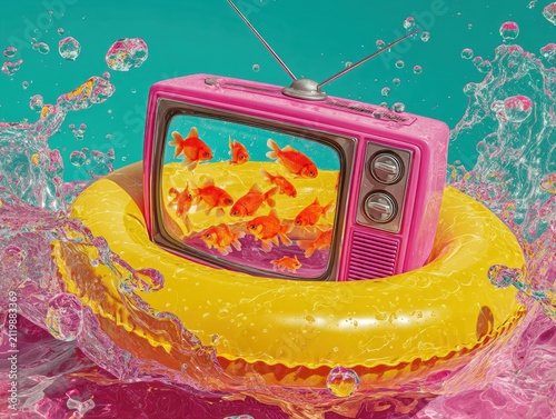 Surreal retro television with goldfish floating in colorful inflatable ring