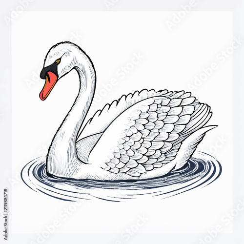 Konstfotografi Elegant white mute swan swimming gracefully on calm water ripples in hand-drawn sketch style