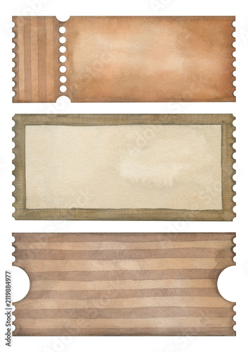 Watercolor vintage old ticket set. Hand painted templates with blank space for text. Graphic elements for retro branding, greeting cards, scrapbooking, invitations, poster design, cinema party.