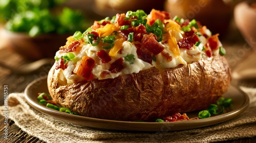 A loaded baked potato arrangement resting on textured linen illuminated by soft morning window light