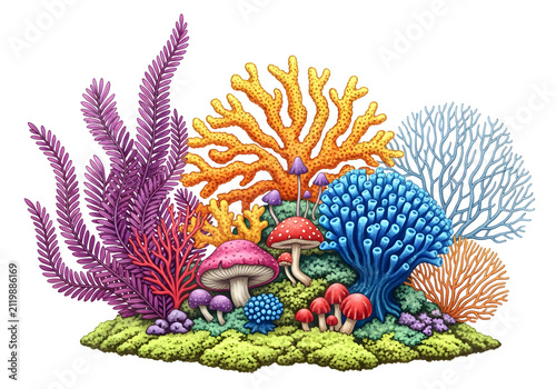Fantasy mushroom coral garden with bright colors and whimsical shapes, magical underwater scene.