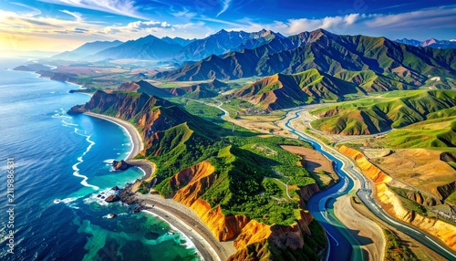 Mountain landscape with blue sky, white clouds, and crystal clear water showcasing a breathtaking natural panorama of mountains, coastline, lake, and scenic travel destination in summer
