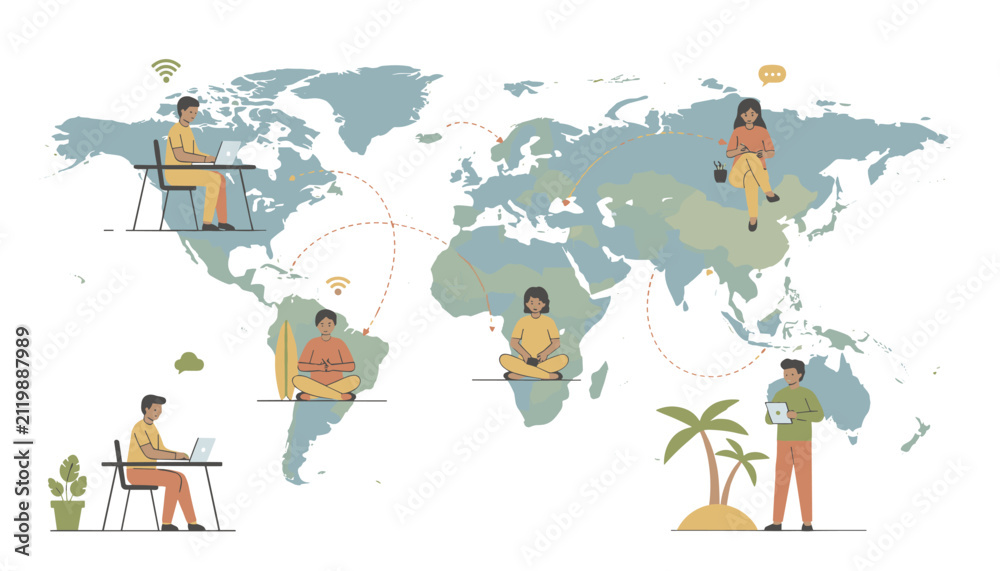 Fototapeta premium Remote workers and digital nomads connecting around world map concept