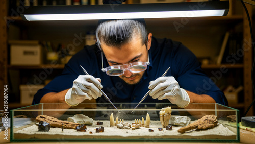 Scientist cleaning fossilized prehistoric teeth in a laboratory setting. Expert paleontologist using precision tools for delicate restoration. Archaeology and science research concept.
