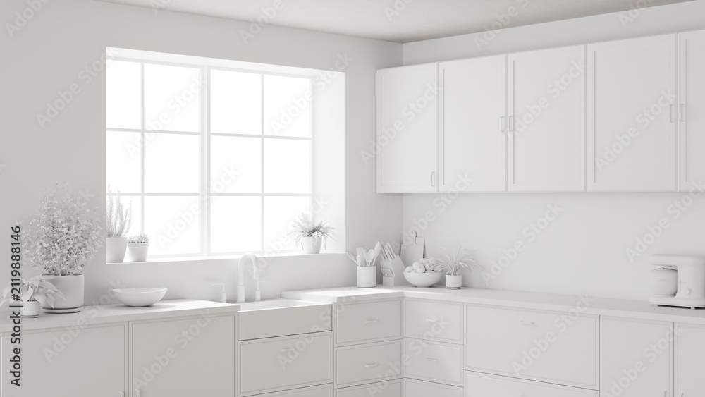 Fototapeta premium 3D Illustration White Minimalist Kitchen Interior Design with Cabinets, Sink, and Plants