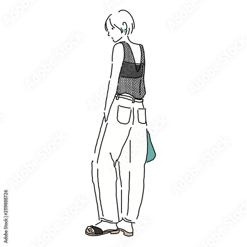Obraz na plátně Stylish young woman in layered camisole and wide leg pants, back view fashion il