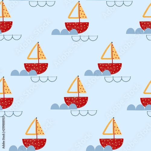 Quadro su tela Cute nautical kids seamless pattern, cartoon sailboat with polkadot kids maritim