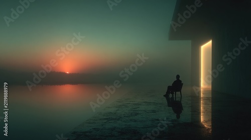 Person sitting on a chair in front of a lake