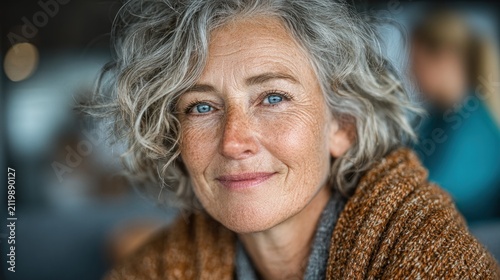 Blond elderly woman with blue eyes and a brown sweater looking at the camera