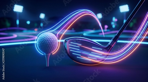 Golf club hitting ball with neon light trails. Futuristic sports concept with glowing energy.
