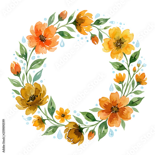 Orange and yellow floral wreath with green leaves and water droplet accents.