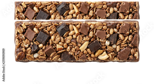 Two rectangular granola bars with chocolate chunks and nuts high quality 4K PNG image in white high quality 4K PNG image in white background