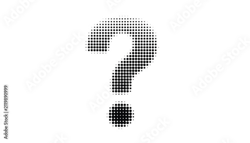 Question mark symbol rendered in black and white halftone dot pattern isolated on clean white background representing uncertainty.