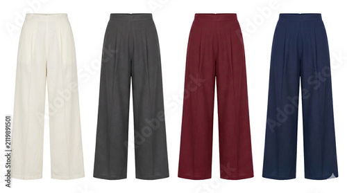 Four pairs of wide leg trousers in various colors displayed as a collection high quality 4K PNG image in white background