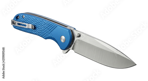 Closed folding pocket knife with textured blue handle and steel blade high quality 4K PNG image in white background