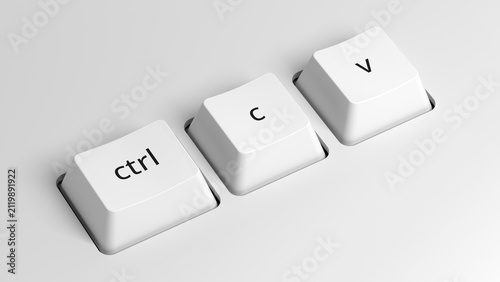 A close-up of the Ctrl+C and Ctrl+V keys. Copy paste keyboard shortcuts. 3d illustration.