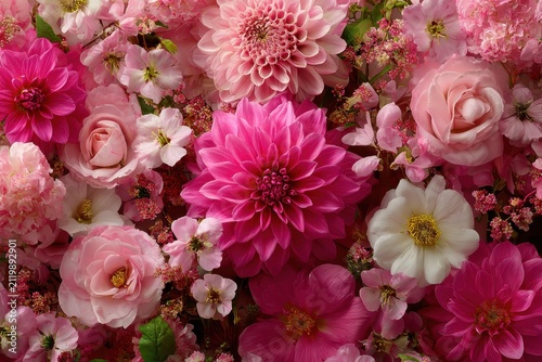 Vibrant pink dahlias, soft roses, and diverse blossoms form a rich tapestry. Ideal for romance, celebrations, backgrounds, and conveying natural beauty.