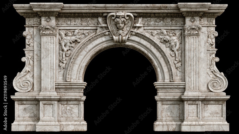 Fototapeta premium Ornate marble archway with classical decorative relief sculpture featuring mythological and floral details on black background in vintage architectural style