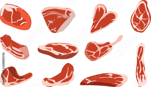 Vector set of raw meat illustrations on a white background, in a hand-drawn style.