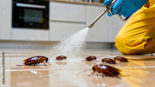 Exterminator spraying cockroaches in a kitchen. Professional in protective gear treating an insect infestation on floor. Hygiene service concept for pest control marketing and home sanitation ads.