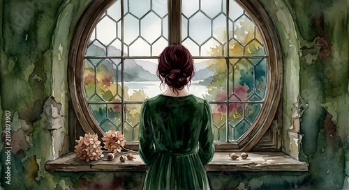 Thoughtful Woman Looking Out Window, Pensive Melancholic Female Profile Watercolor Illustration