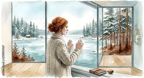 Thoughtful Woman Looking Out Window, Pensive Melancholic Female Profile Watercolor Illustration