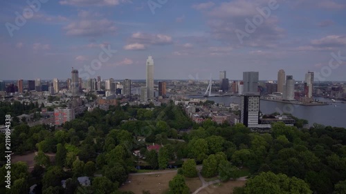 Panoramica skyline view of Rotterdam cityscape featuring the tall Zalmhaven tower and Erasmus Bridge, observed from the Euromast observation tower in the Netherlands.