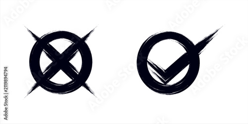 Grunge Check Mark And Cross Icons In Circular Brush Strokes For Validation And Rejection Symbols