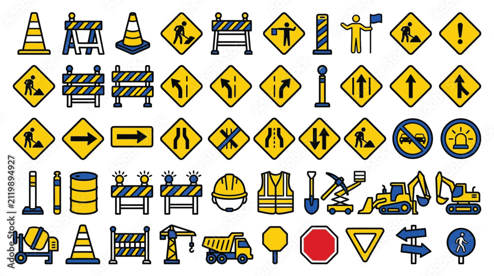 Fototapeta premium Collection of construction and traffic warning signs and symbols.