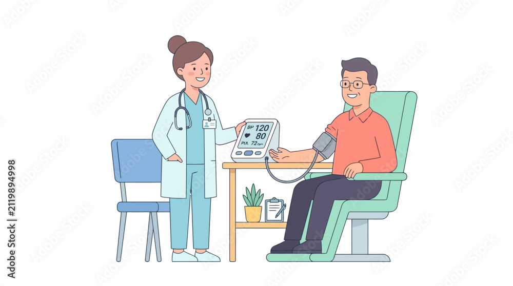 Fototapeta premium Female doctor measuring blood pressure of male patient with digital sphygmomanometer in medical clinic illustration