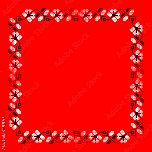 Ukrainian Square Pixel Pattern Frame with White and Black Floral Motifs on Red Background, Vyshyvanka Inspired Folk Ethnic Vector Border