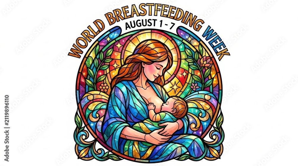 Fototapeta premium Illustration of a mother breastfeeding her baby, surrounded by floral motifs and celebrating World Breastfeeding Week August 1-7. This imagery evokes themes of nurturing, maternal love.