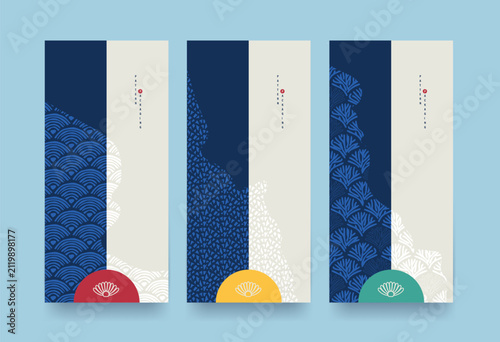 Set of Packaging templates japanese style background fabric luxury or premium products. Asian pattern art design.