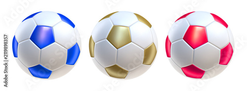 white soccer balls 3d icons. Balls with red blue and gold colors inserts. 3d vector render Symbol or emblem football . Vector illustration