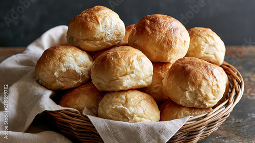 Wicker basket filled with golden brown bread rolls