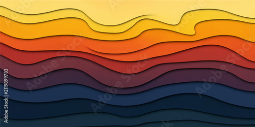 Abstract layered gradient wavy bands in sunset inspired yellow orange teal blue tones textured background design