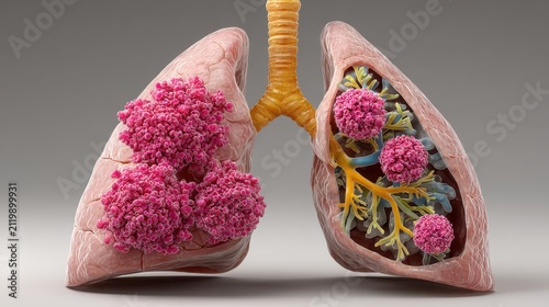 Detailed 3D illustration shows human lungs with aggressive pink tumors. Visualize lung cancer progression for medical education and awareness.