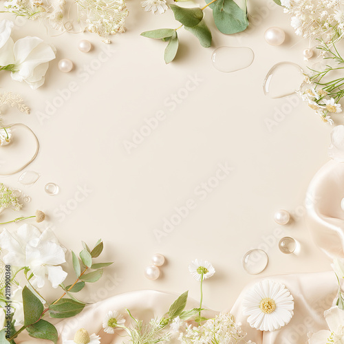 Floral border flat lay. Beige background framed with white blossoms, pearls, and fabric folds. Elegant decorative composition for invitation design