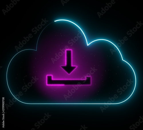 Dual- Tone Neon Cloud Download Icon with Down Arrow on Black Background symbol technology.