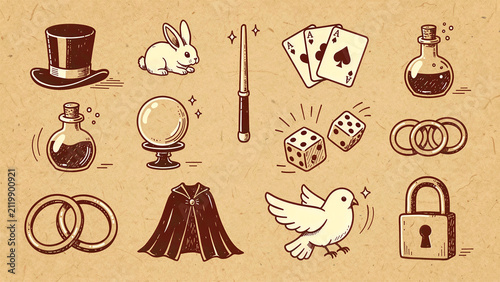 Hand-drawn magic icons set with top hat, rabbit, and wand on textured paper. Illustration includes vintage magician props in a sketch style. Ideal for illusionist branding and show promotion.