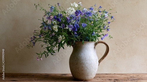 Vase with a bunch of flowers in it. the vase is made of ceramic and has a brown handle on the right side. the flowers in the vase are a mix of purple and white flowers with green leaves.
