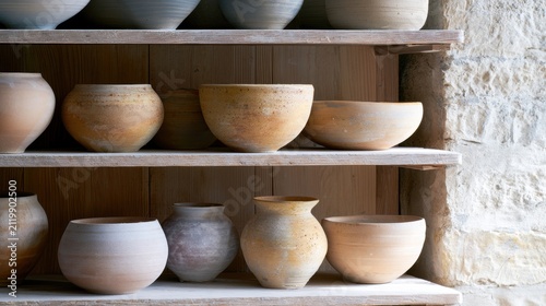Wooden shelf with several ceramic pots and vases on it. the shelf is against a stone wall, and the pots are arranged in two rows of three.