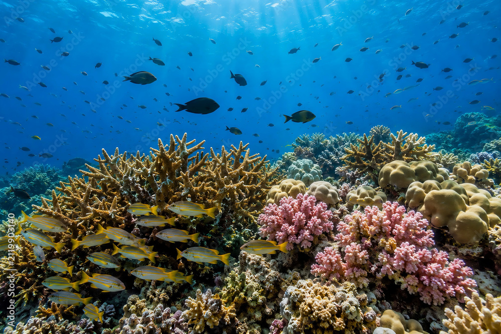 Obraz premium Vibrant Coral Reef Underwater with Tropical Fish in Clear Blue Ocean