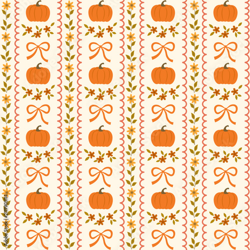 Rustic fall seamless pattern with orange pumpkins, ribbon bows, and floral borders, Thanksgiving background