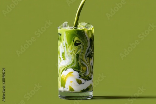 Vibrant iced matcha latte with swirling green and white colors. Ideal for showcasing refreshing drinks, cafes, or healthy choices.